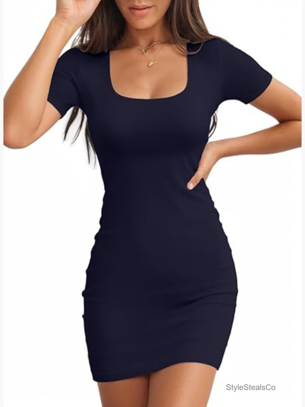 Ribbed Knit Bodycon Mini Dress Square Neck Short Sleeve Slim Fit Summer